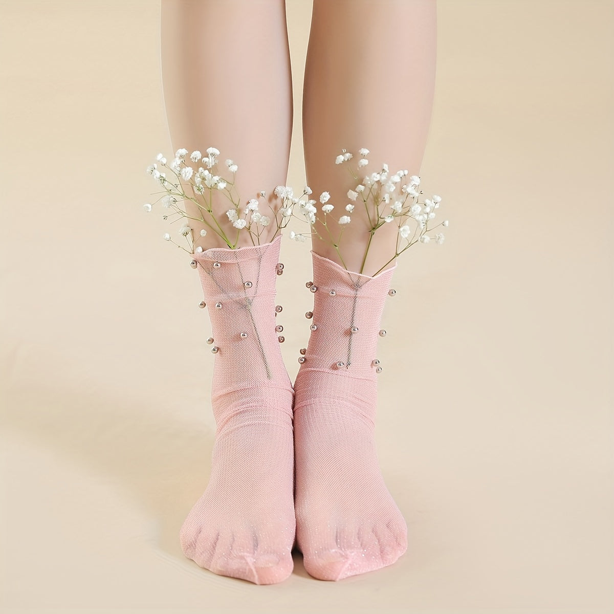 Beaded Mesh Socks Comfy & Breathable Mid Tube Stockings