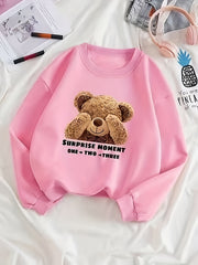 Bear Print Crew Neck Pullover Sweatshirt for Women