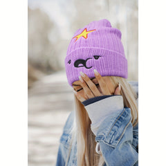 Anime Purple Slouchy Beanie Cartoon Embroidery Knit Hat Elastic Soft
