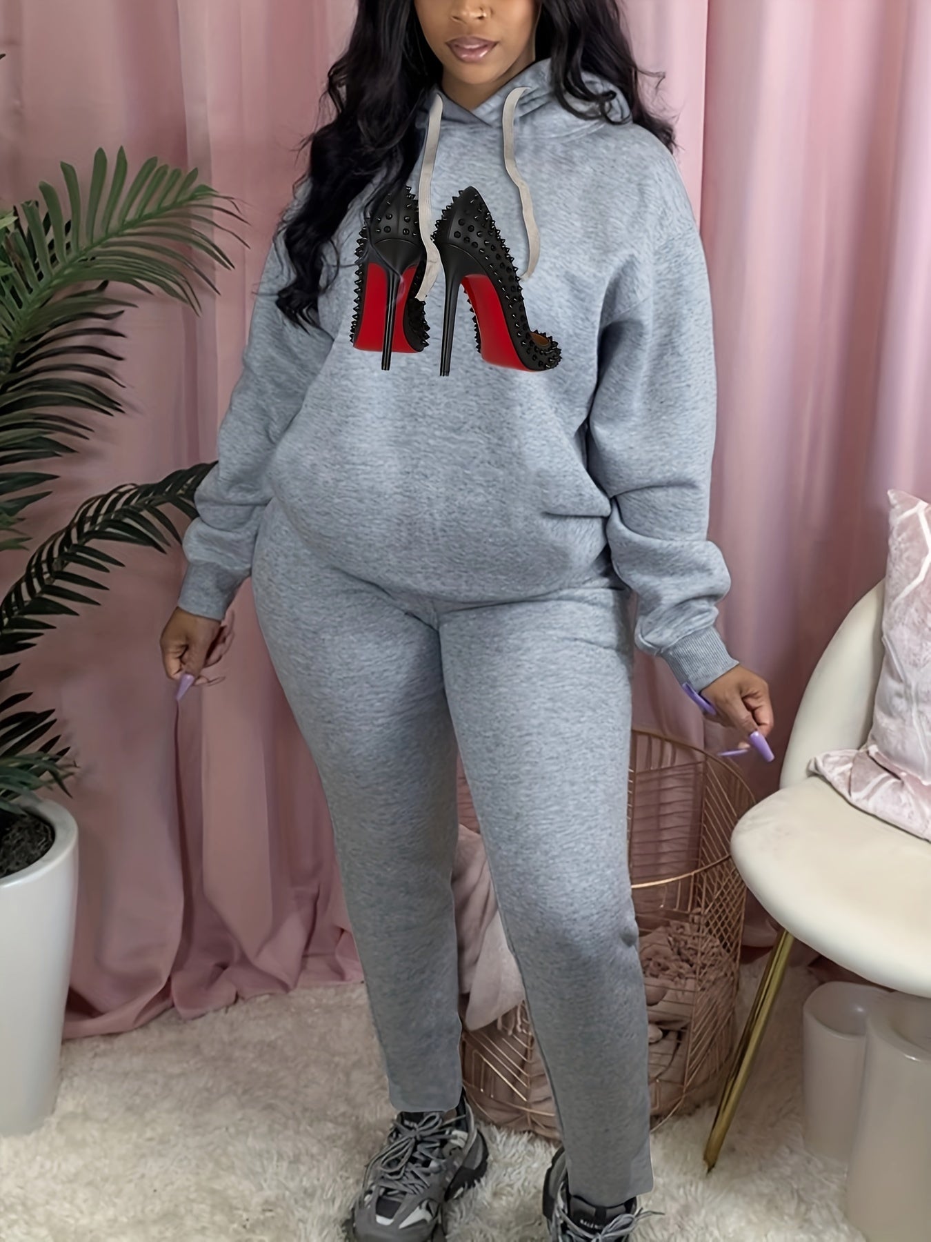  Studded High Heels Hooded Sweatshirt & Sweatpants Set