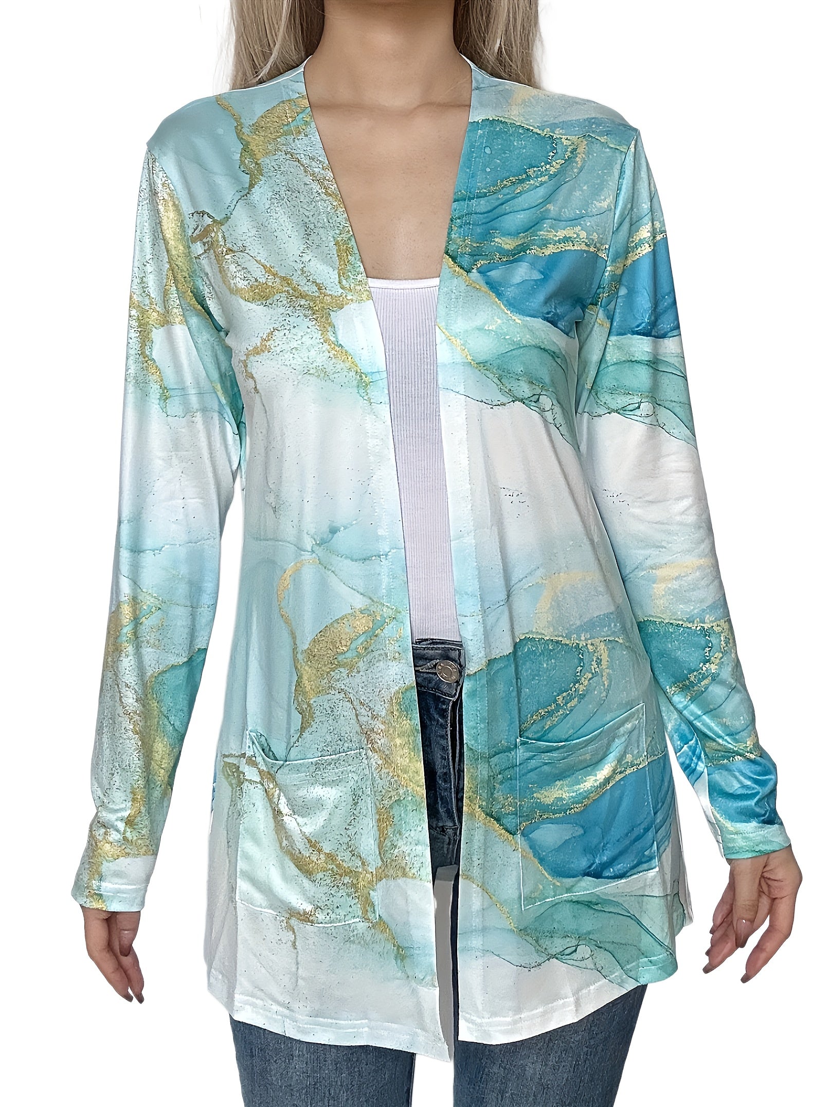  Glitter Marble Print Long Sleeve Open Front Cardigan