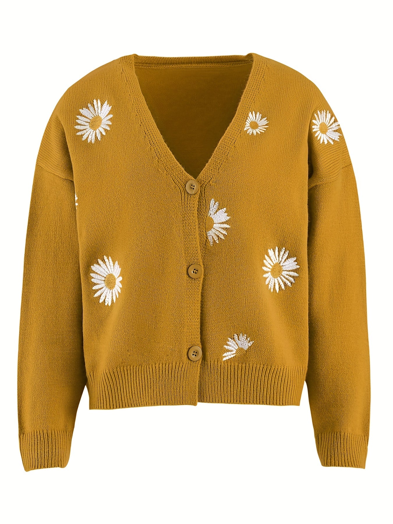 Daisy Pattern Embroidered Knitted Cardigan Sweater for Women