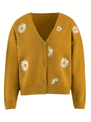 Daisy Pattern Embroidered Knitted Cardigan Sweater for Women