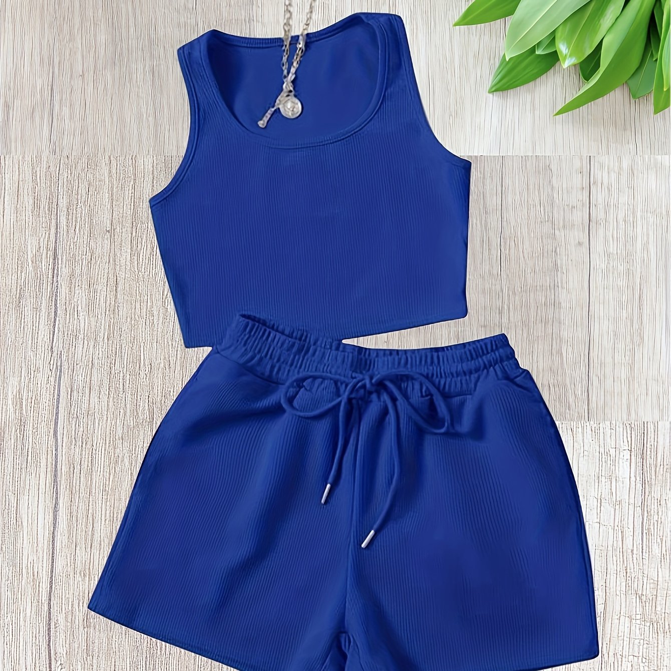  Ribbed Tank Top & Drawstring Shorts Set