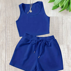  Ribbed Tank Top & Drawstring Shorts Set