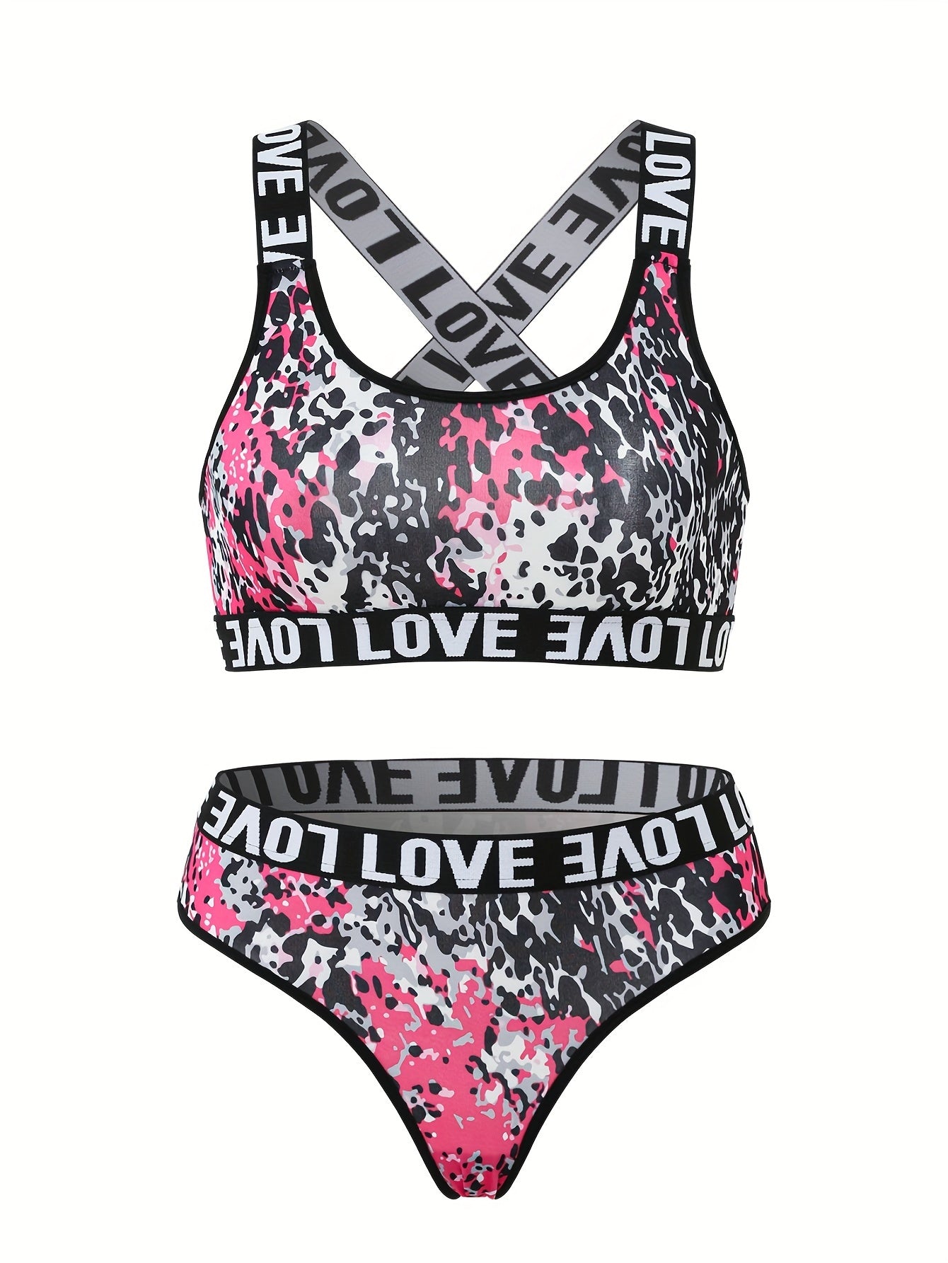 Leopard Bra & Panties Set Criss Cross Back Sports Bra & Letter Print Panties