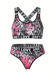 Leopard Bra & Panties Set Criss Cross Back Sports Bra & Letter Print Panties