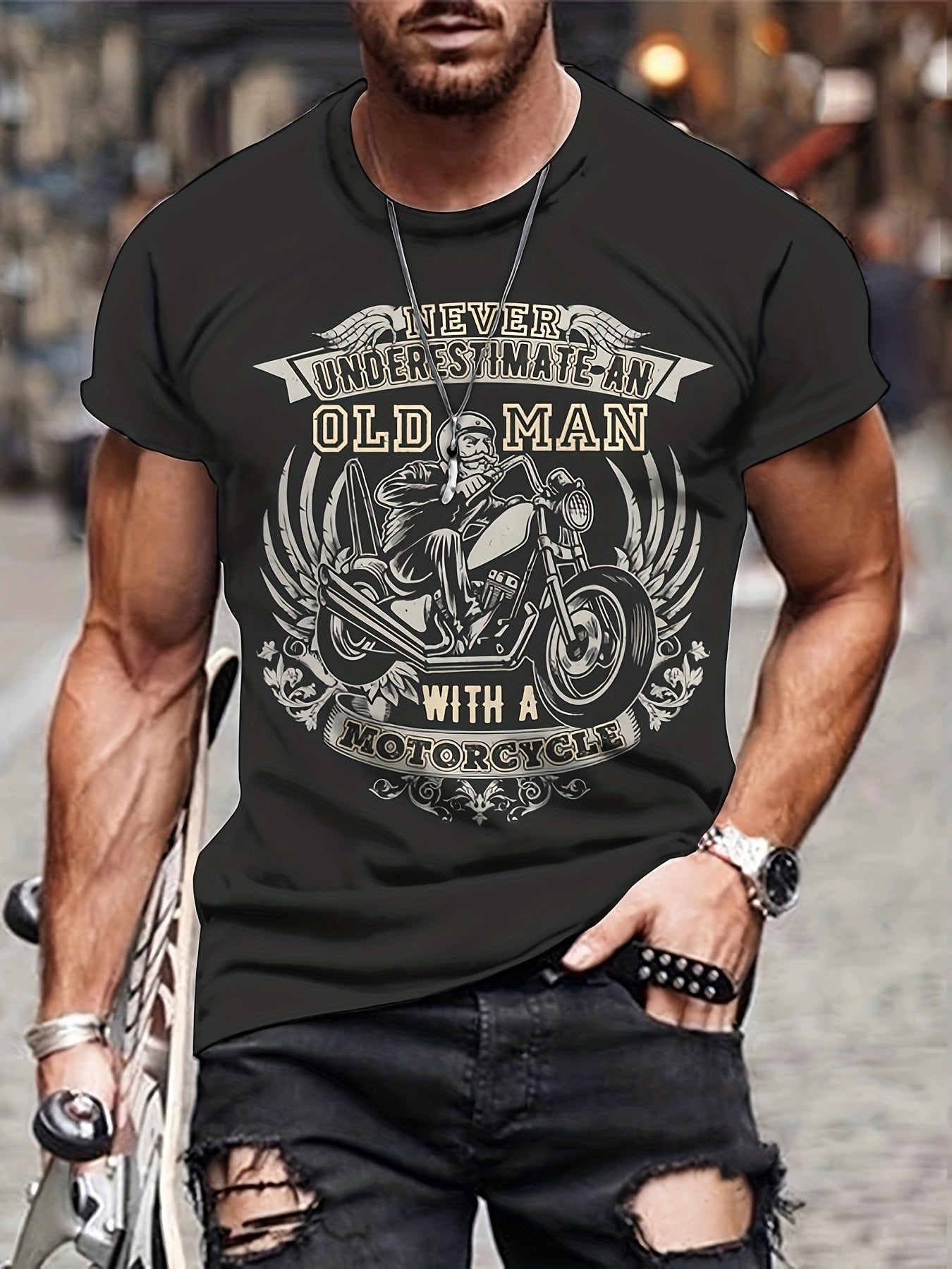Men's 3D Old Man & Motorcycle Print T shirt Mid Stretch Crew Neck