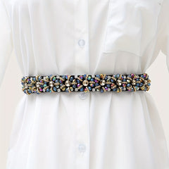 Colorful Rhinestone Flower Belt Women Elastic Thin Belts Waistband