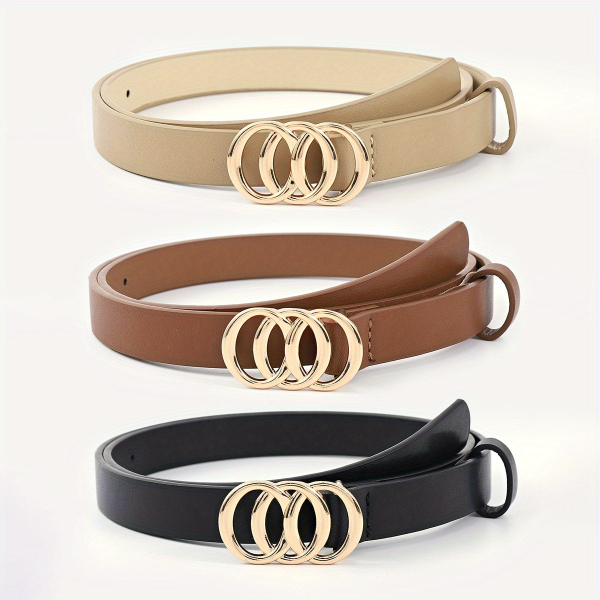 3pcs Round Buckle Classic PU Leather Belt Girls Casual Jeans Dress