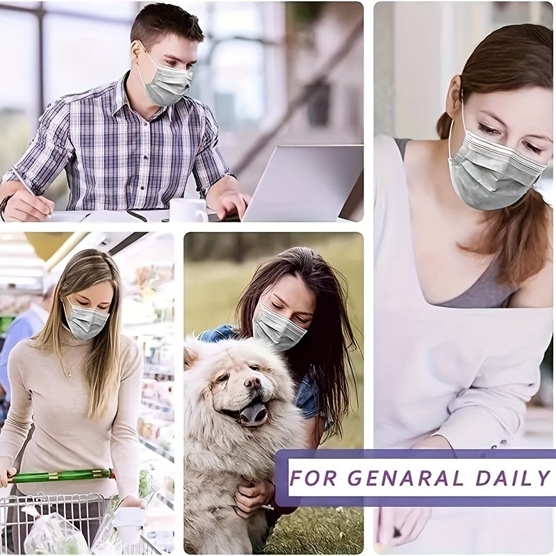 100pcs Disposable Grey Face Mask 3 Layer Cover Breathable & Comfortable