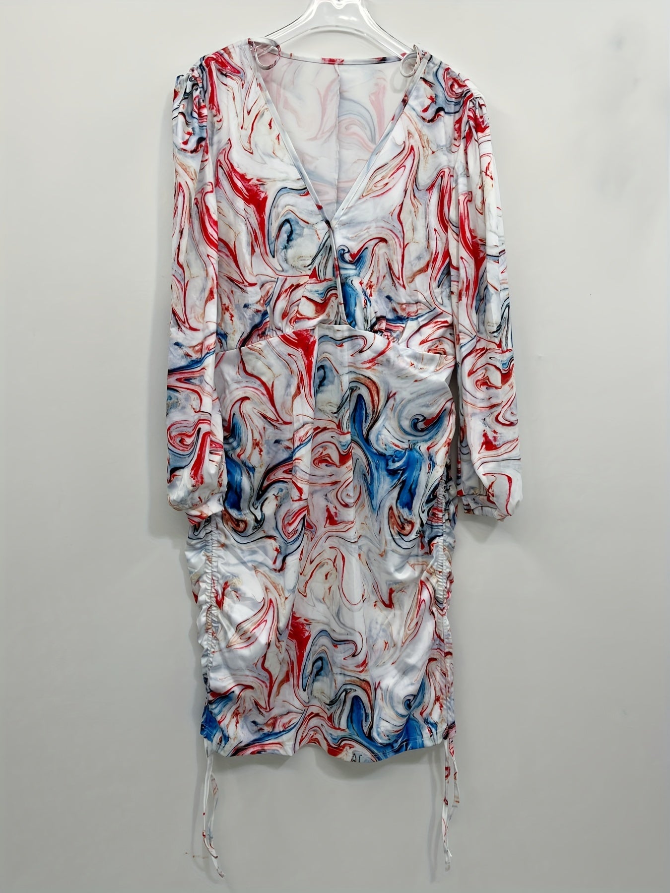 Women's Marble Print Long Sleeve Tie Mini Dress