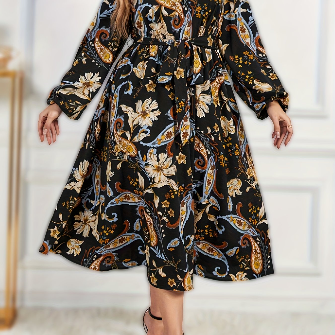  Paisley Print Long Sleeve V Neck Midi Dress With Belt