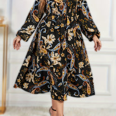  Paisley Print Long Sleeve V Neck Midi Dress With Belt