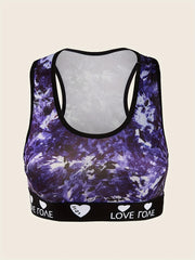 Tie Dye Letter Tape Racer Back Sports Bra for Women