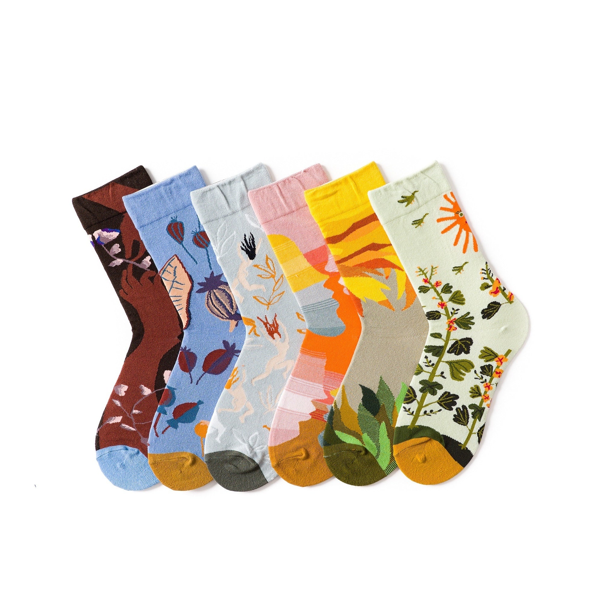 6 Pairs Floral Print Socks Colorblock Crew Socks Women's Stockings