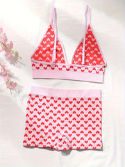 Heart Print Christmas Bra & Panties Lingerie Set