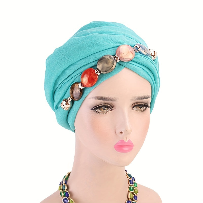 Boho Agate Chain Turban Cap Voile Head Wraps Lightweight Bonnet