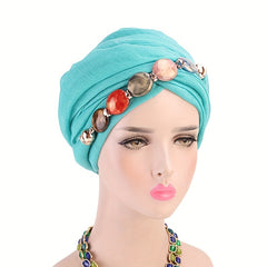 Boho Agate Chain Turban Cap Voile Head Wraps Lightweight Bonnet