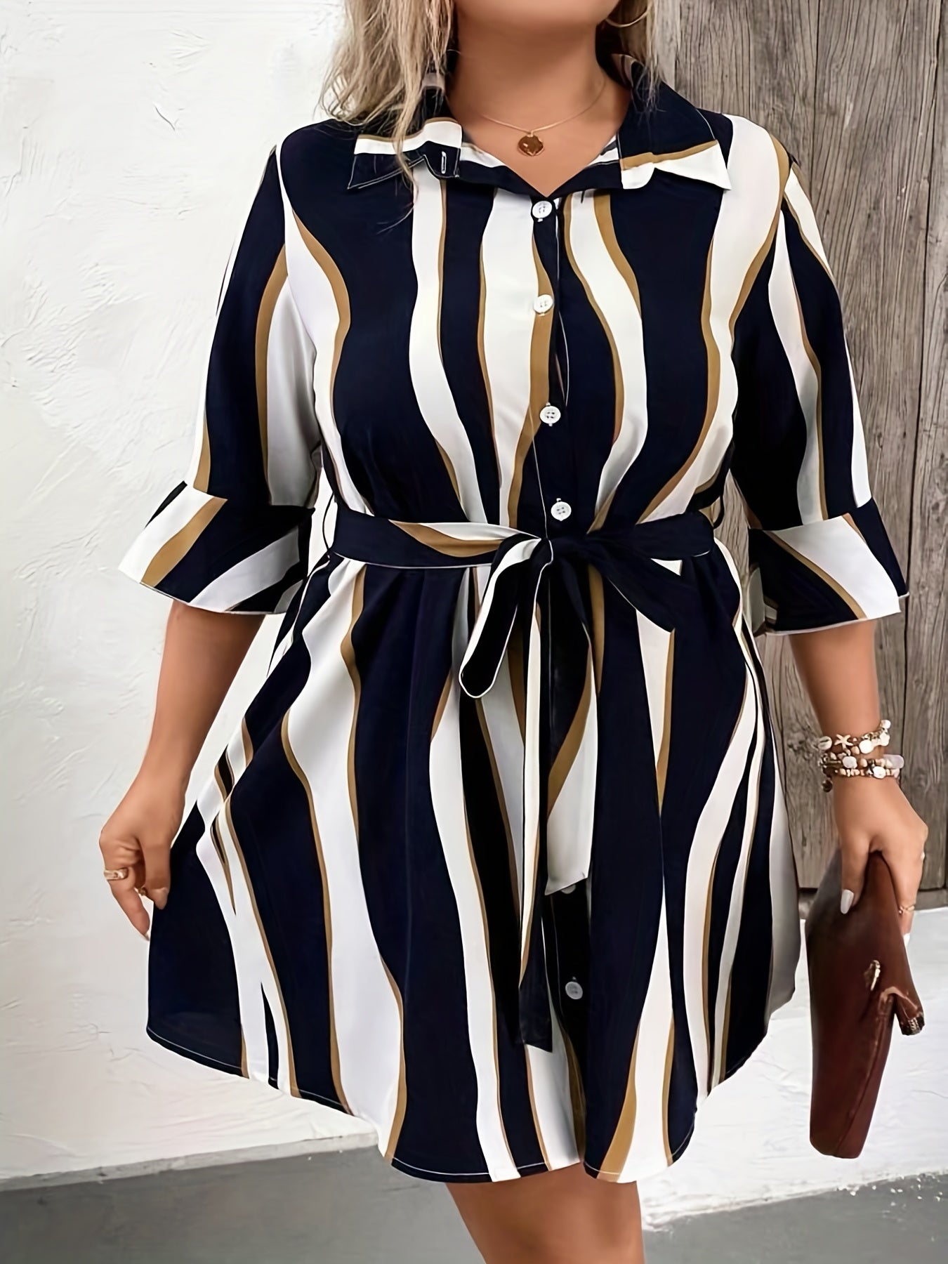  Colorblock Stripe Print Button Up Bell Sleeve Shirt Dress