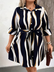  Colorblock Stripe Print Button Up Bell Sleeve Shirt Dress