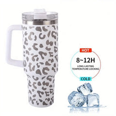 Leopard Print 40oz Insulated Tumbler w/ Handle & Straw Lid Stainless Steel