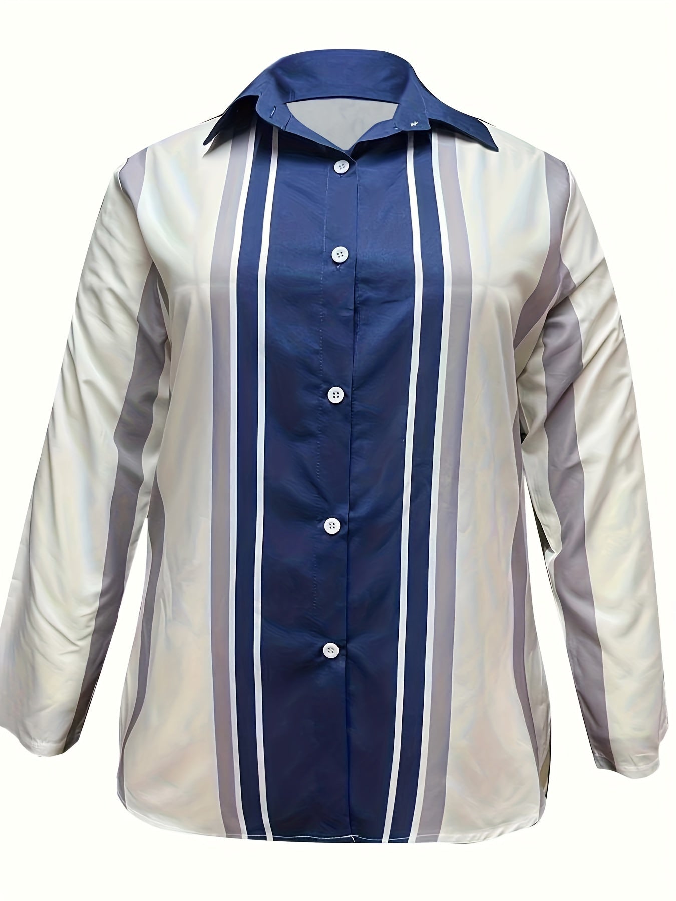  Stripe Print Button Up Long Sleeve Top