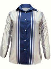 Stripe Print Button Up Long Sleeve Top