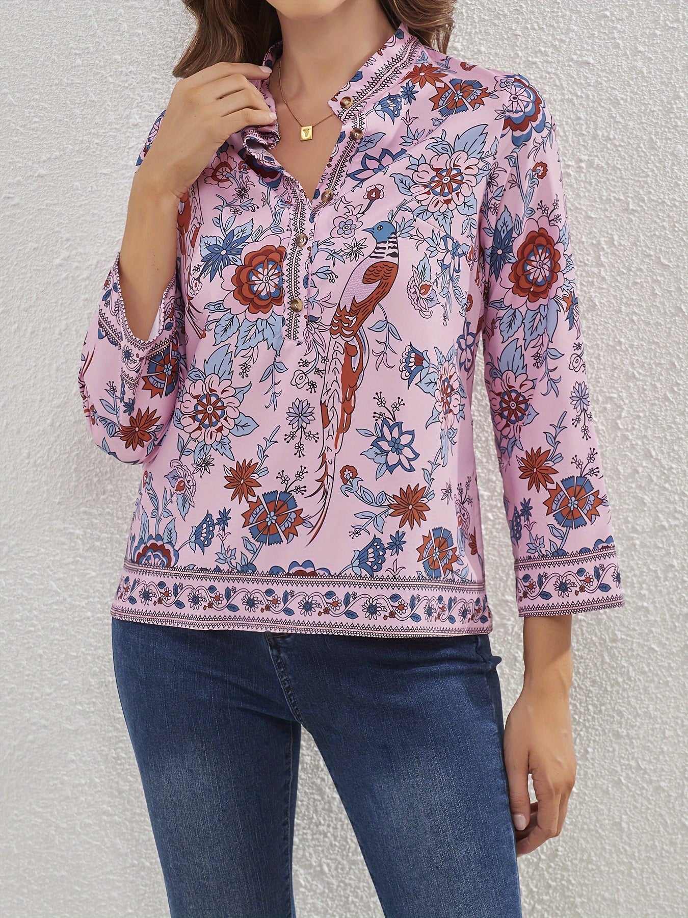  Ethnic Style Blouse Women's Plus Bird & Floral Print Long Sleeve