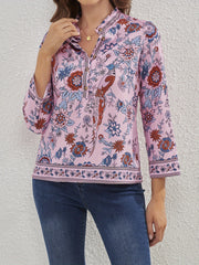  Ethnic Style Blouse Women's Plus Bird & Floral Print Long Sleeve