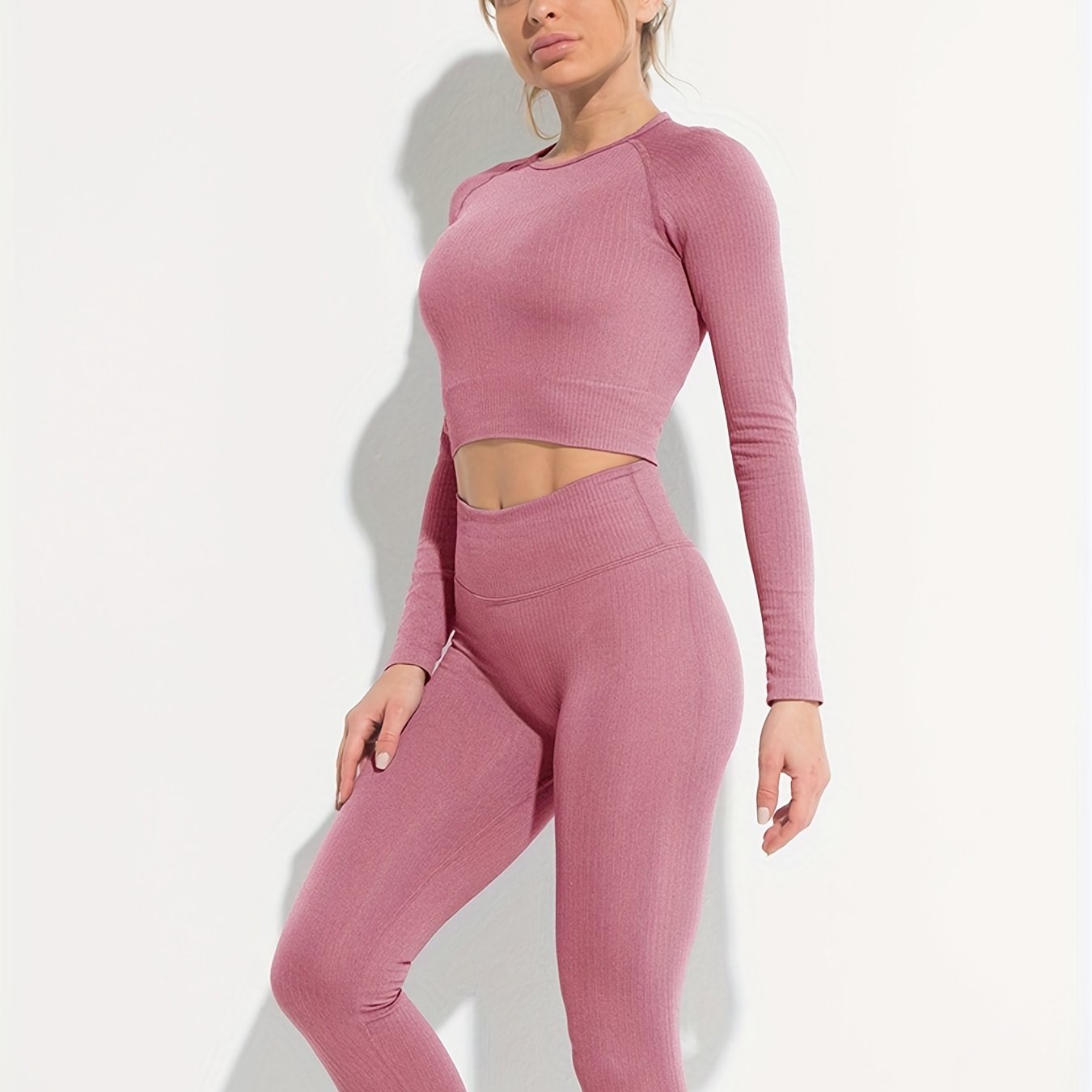 2PCS Women Yoga Set Seamless Workout Gym Long sleeve T shirt & Leggings