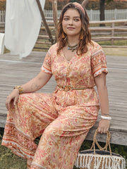  Boho Jumpsuit Floral Print Short Sleeve V-Neck Wide Leg Jumpsuit