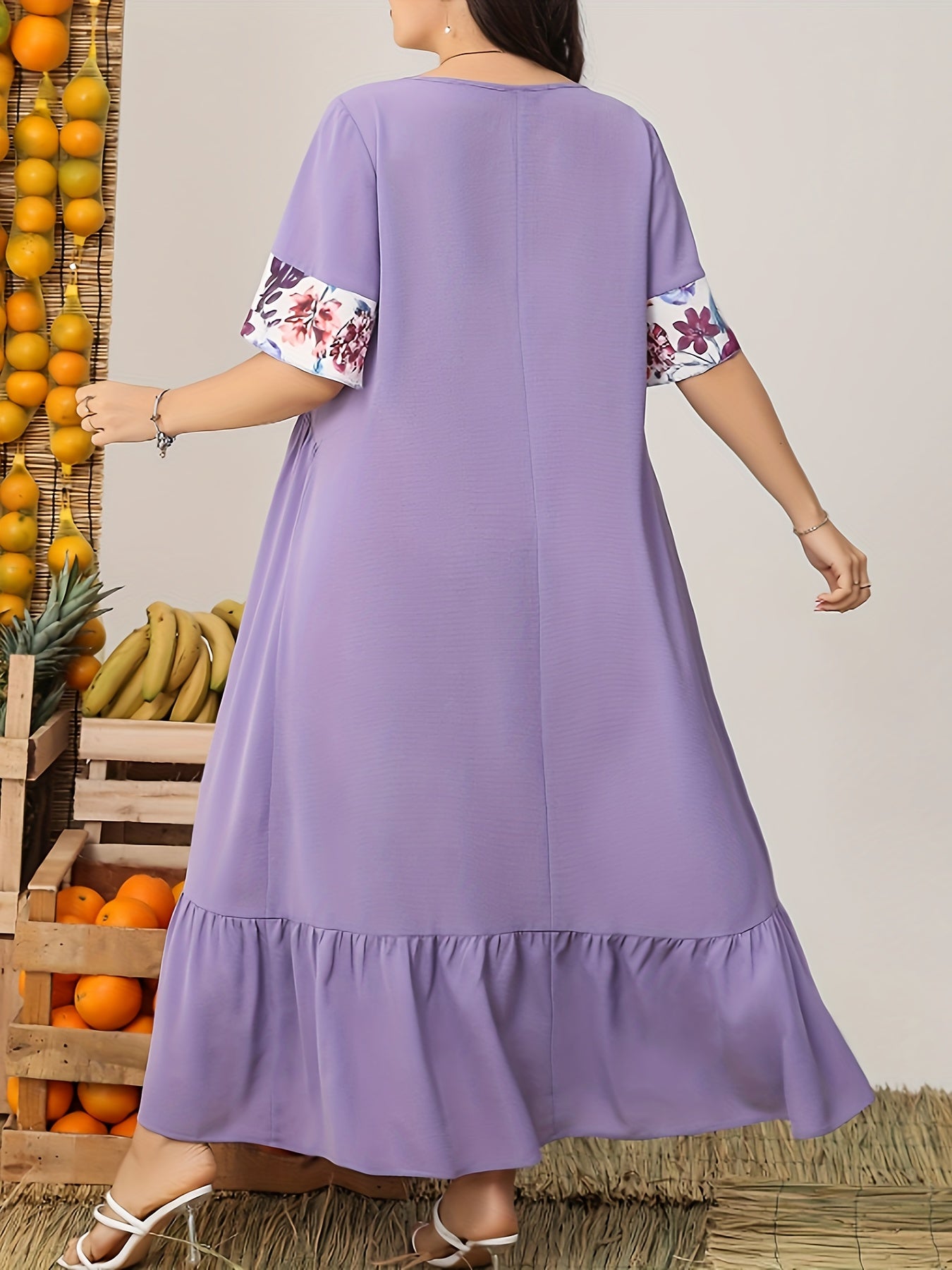  Colorblock Floral Print Butterfly Sleeve Maxi Dress
