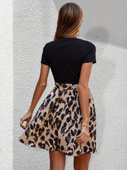 Leopard Print Short Sleeve Dress Crew Neck Belted Casual Dress
