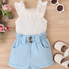 2pcs Baby Girls Ruffle Trim Sleeveless Top & Shorts Set
