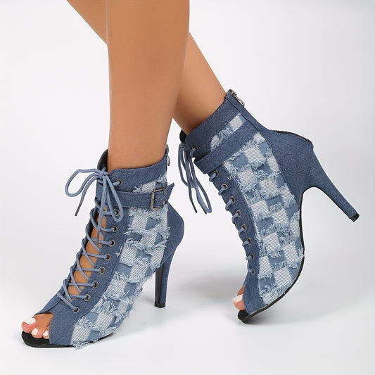 Women's Denim Plaid Stiletto Heels Peep Toe Pumps