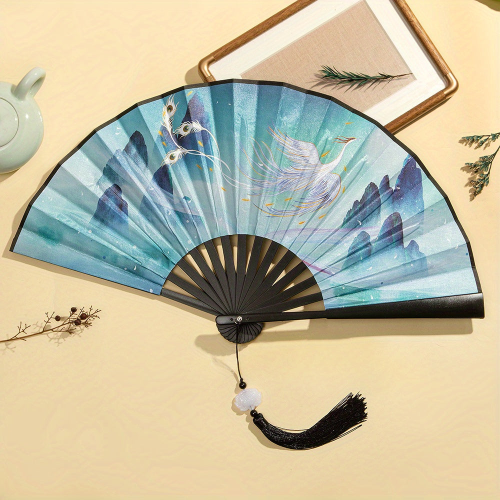 Chinoiserie Style Silk Fan Tassel Ink Painting Ancient Student Folding Fan
