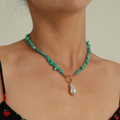 Vintage Pearl Pendant Turquoise Beaded Boho Ethnic Style Necklace