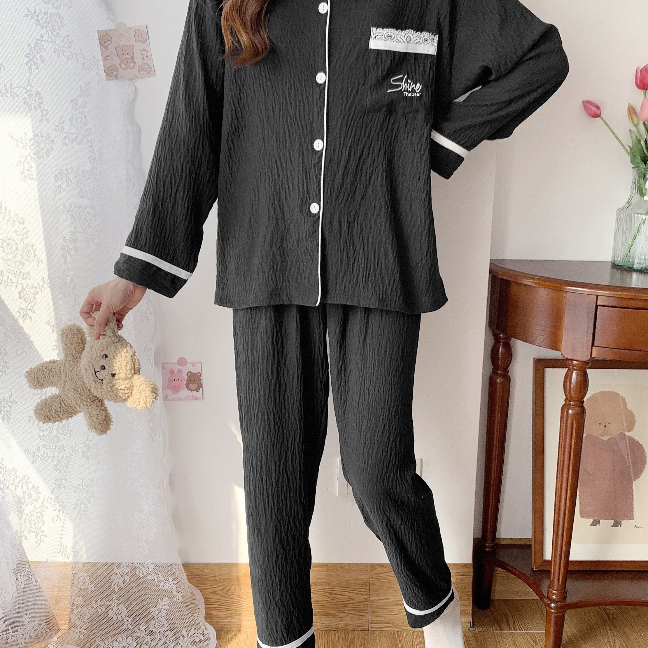 Women's Button Up Top & Pants Loungewear Set for Spring & Fall