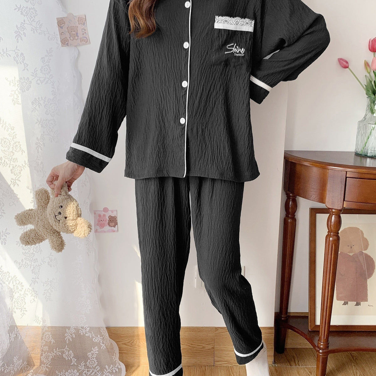 Women's Button Up Top & Pants Loungewear Set for Spring & Fall