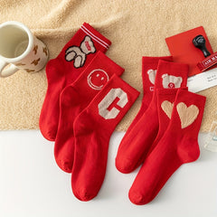 5 Pairs Letter & Heart Print Socks Mid Tube Stockings Women