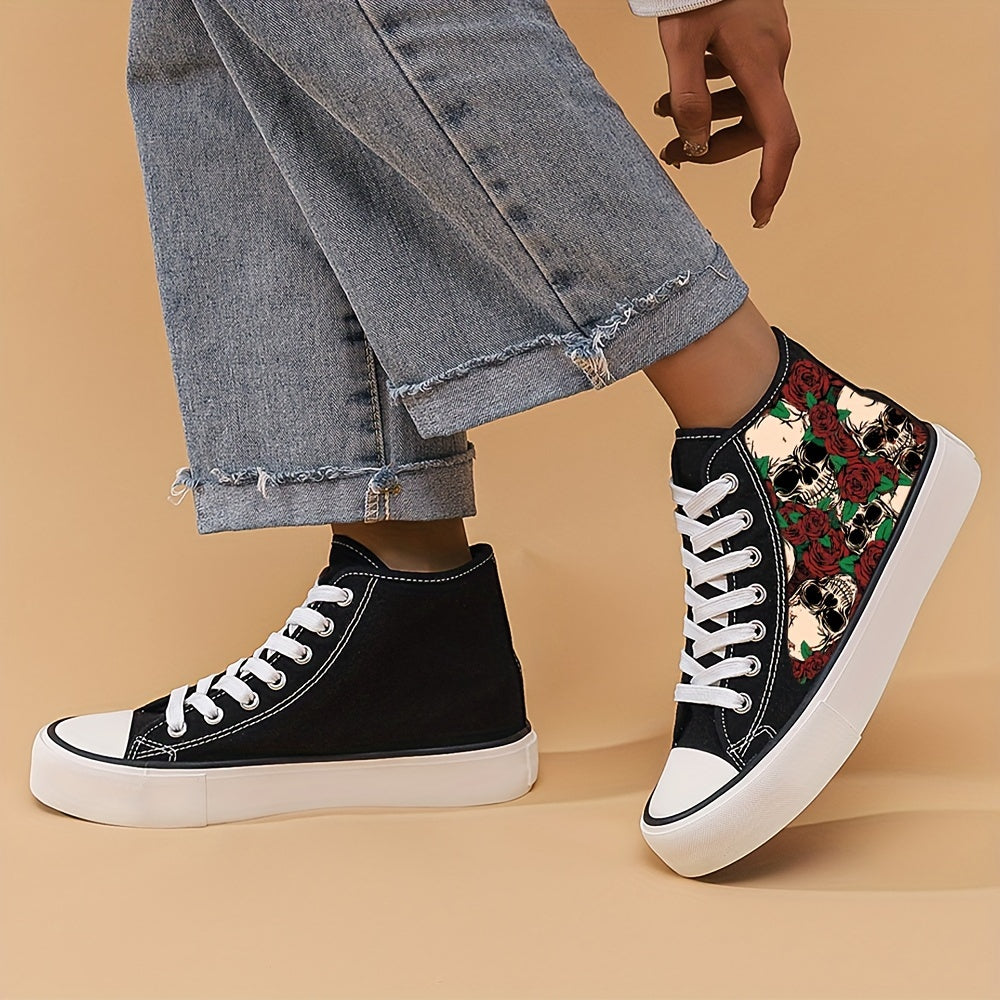 Skull & Rose Print High Top Canvas Sneakers
