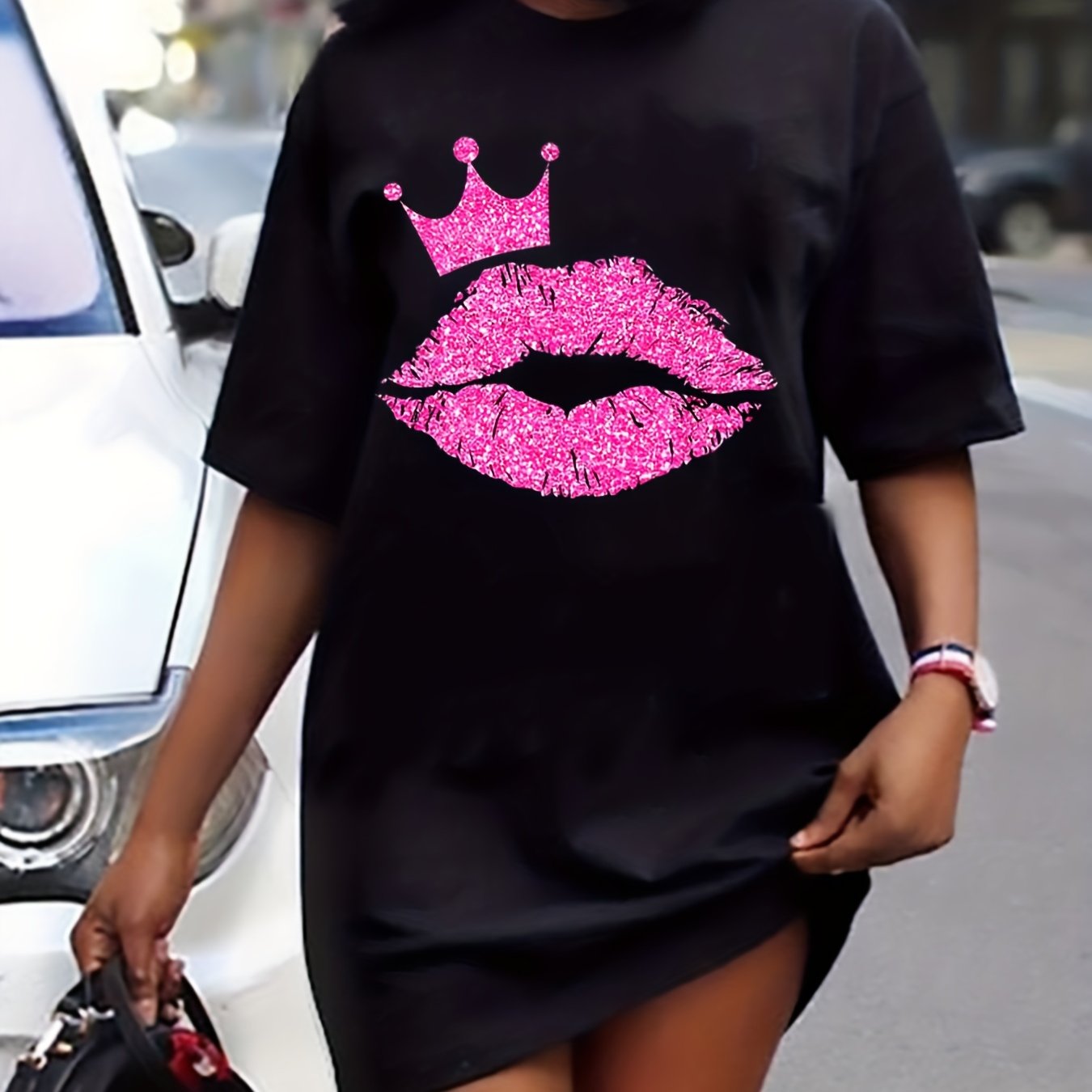  Lip With Crown Print Tee Dress Short Sleeve Round Neck Dress