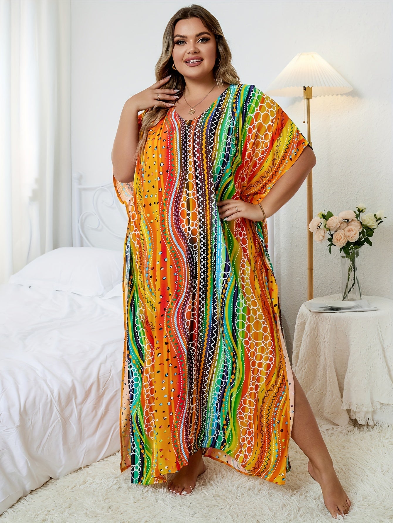  Rainbow Striped Batwing Sleeve Beachwear Kaftan Dress