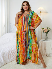  Rainbow Striped Batwing Sleeve Beachwear Kaftan Dress