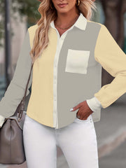  Colorblock Button Up Long Sleeve Blouse