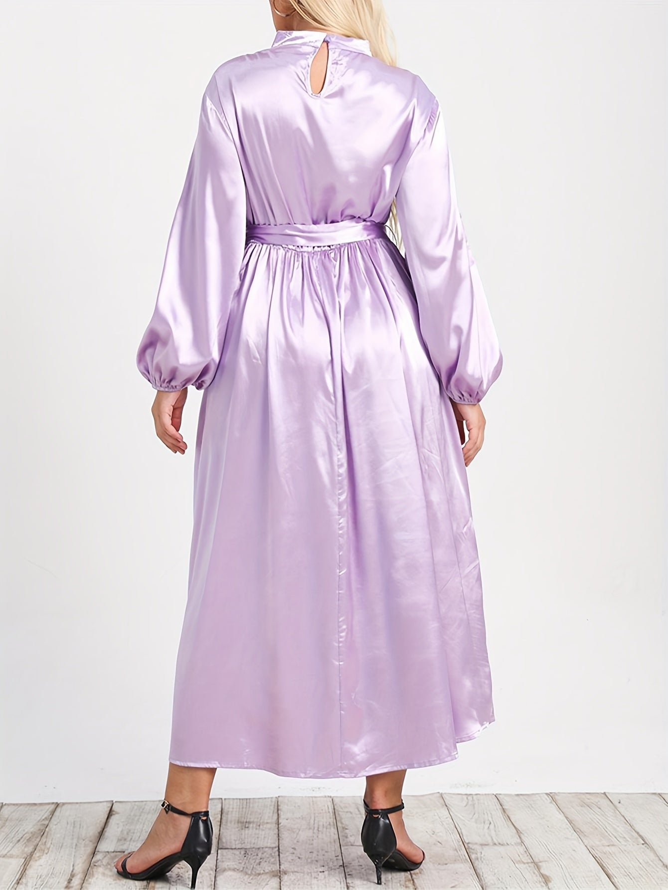  Solid Satin Lantern Sleeve Mock Neck Maxi Dress With Belt