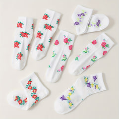 5 Pairs Floral Print Socks Mid Tube Women's Stockings