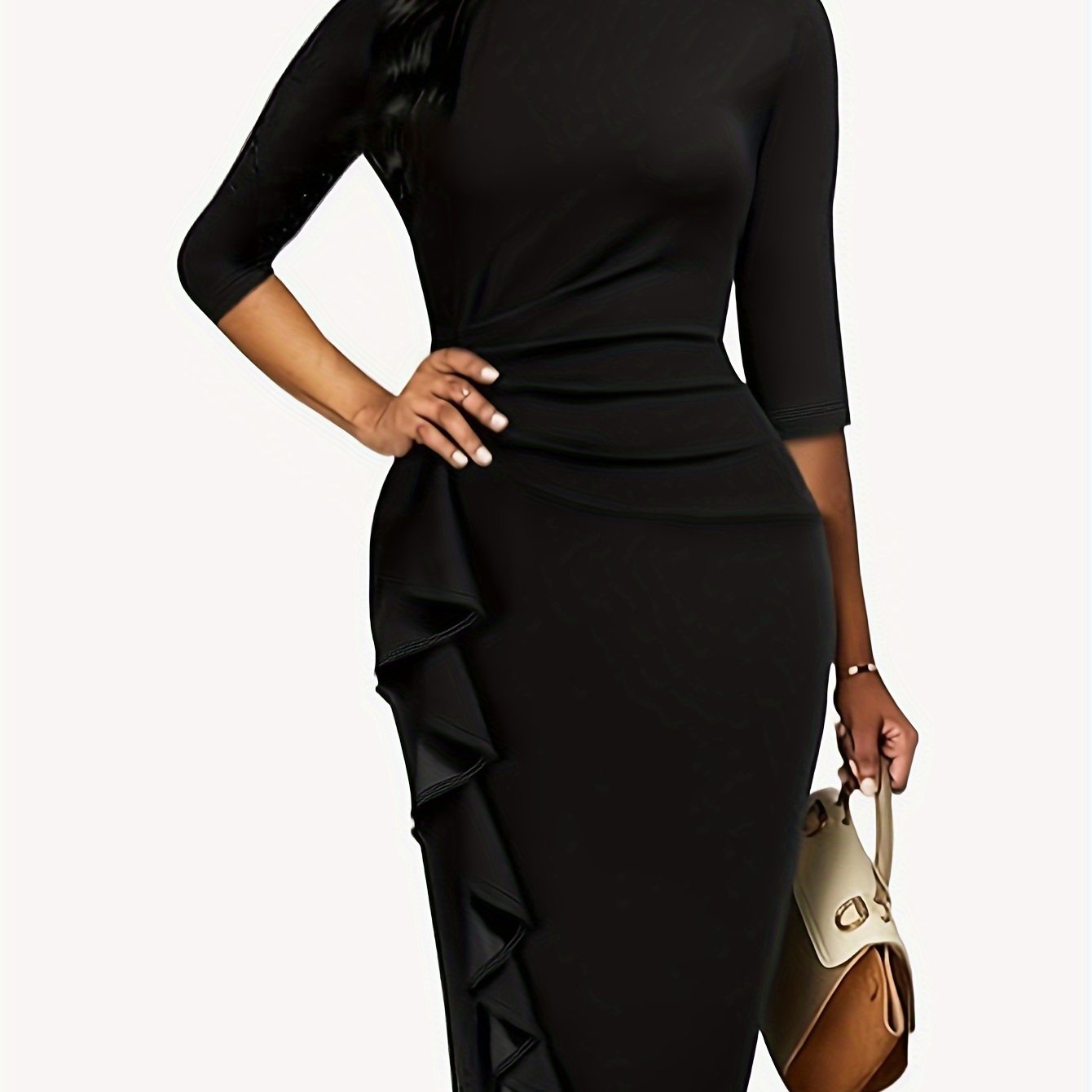  Solid Draped Ruffle Trim Bodycon Midi Dress