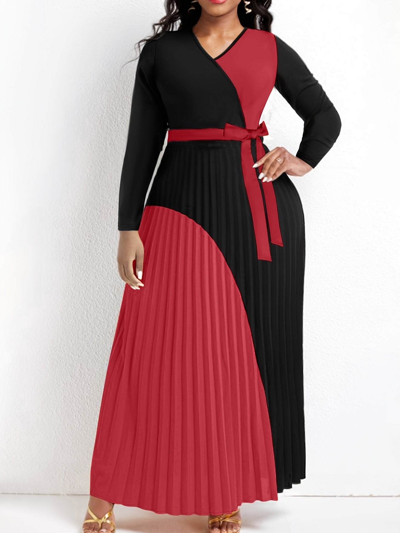 Colorblock Long Sleeve Maxi Dress With Belt